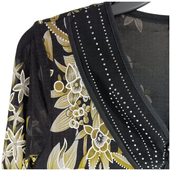 Design Works- Women's Top-Black, Green-White floral- PSMALL-Lined 3/4 Sleeve - Picture 6 of 14